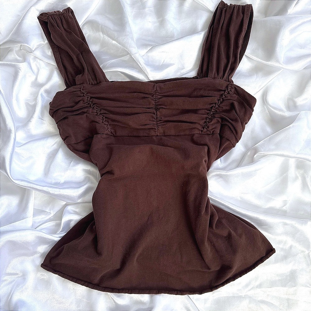 Bugle Boy Brown Ruched Bust Tank Top Square Neck Wide Strap XL